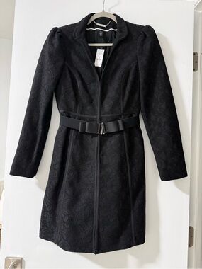 WHBM- Women's Bonded Ponte Lace Topper Coat with Bow Waist Belt - Black XS